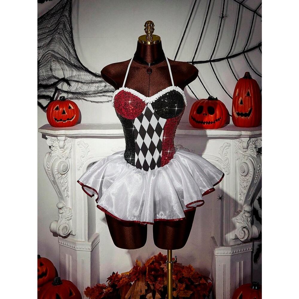 Harlequin Sequin Mini Dress in Red, Black & White